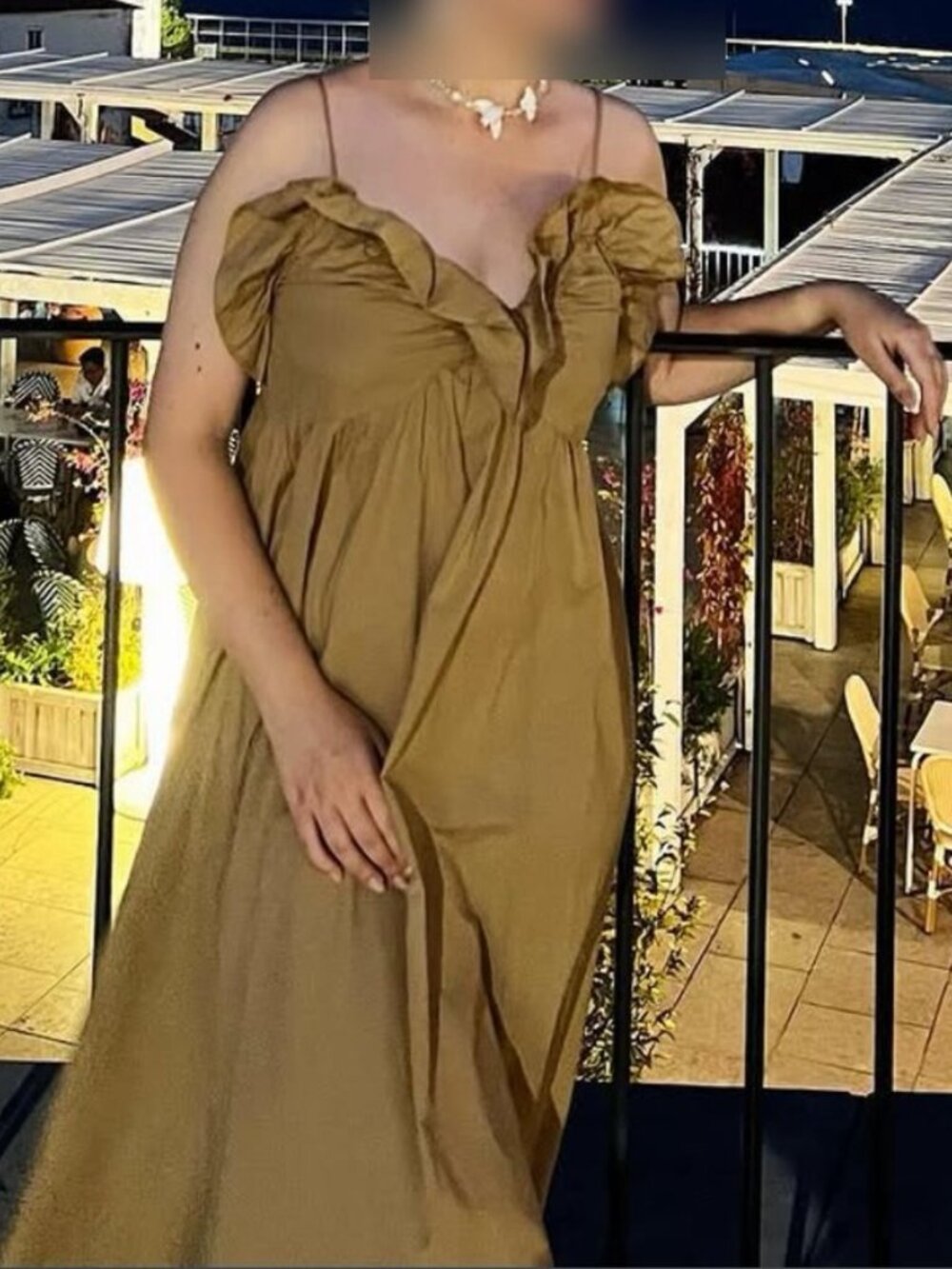 H&M Tan Ruched Puff Sleeve Midi Dress S
